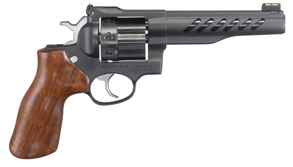 Ruger 5065 Super GP100  357 Mag/38 Special 8rd 5.50" Matte Black PVD Half-Lug Ported Barrel, Matte Black PVD Cylinder, Matte Black PVD Stainless Steel Frame, Hogue, Hardwood Grip
