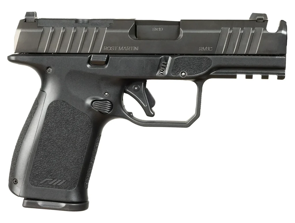 Rost Martin RM1CBLKOSP(COMP) RM1C  9mm Luger 17+1 4" Black Compensated Match Grade Barrel, Black Tenifer Optic Ready/Serrated Steel Slide, Black Polymer Frame w/Picatinny Rail, Textured Grip
