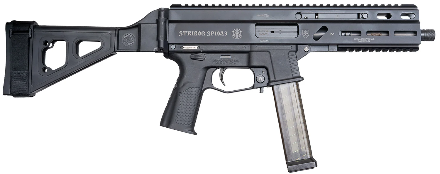 Grand Power 197892004848 SP10A3 Stribog 10mm Auto 20+1 8" Black Threaded Barrel, Black Aluminum Picatinny Rail Receiver, Black Polymer SB Tactical Brace, Black Polymer Grip, Thread Protector