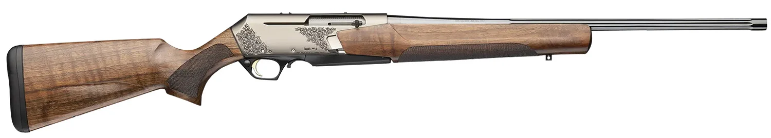 Browning 039009229 BAR MK4 Medallion 300 Win Mag 3+1 24" Polished Blued Fluted Barrel, Satin Nickel Engraved Aluminum Alloy Drilled & Tapped Receiver, Grade III Turkish Walnut Adj Shim Stock