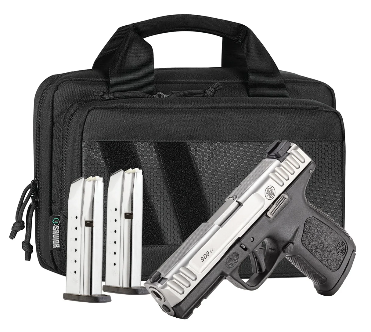 Smith & Wesson 14954 SD9 2.0 Bundle Compact Frame 9mm Luger 16+1 4" Satin Stainless Steel Serrated Slide, Black Polymer Frame w/Picatinny Rail, Textured Grip, Savior Bag, Three Mags