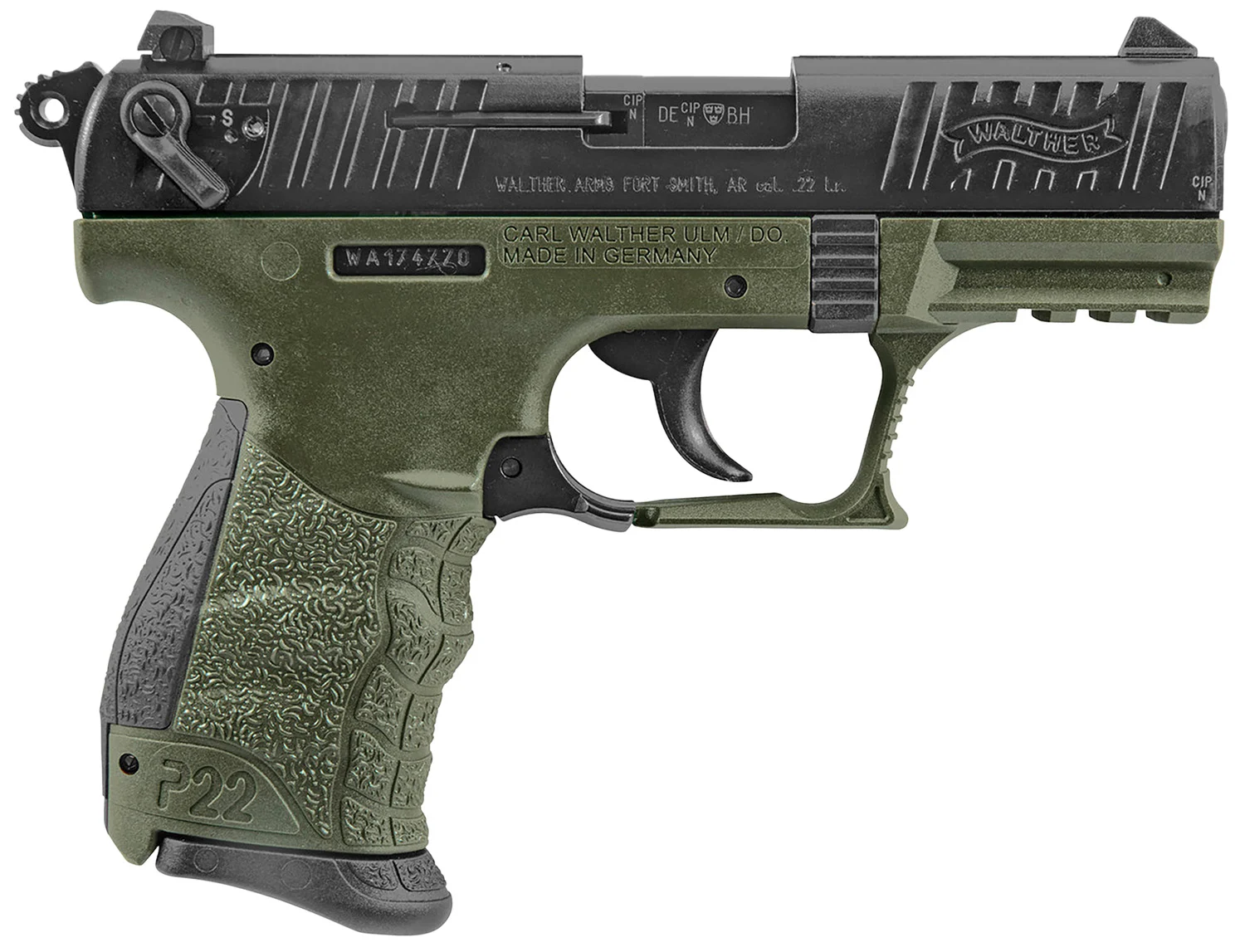 Walther Arms 5120338 P22 Military *CA Compliant 22 LR 10+1 3.42" Matte Black Tenifer Serrated/Steel Slide, OD Green Polymer Frame w/Picatinny Rail, OD Green Interchangeable Backstrap Grips