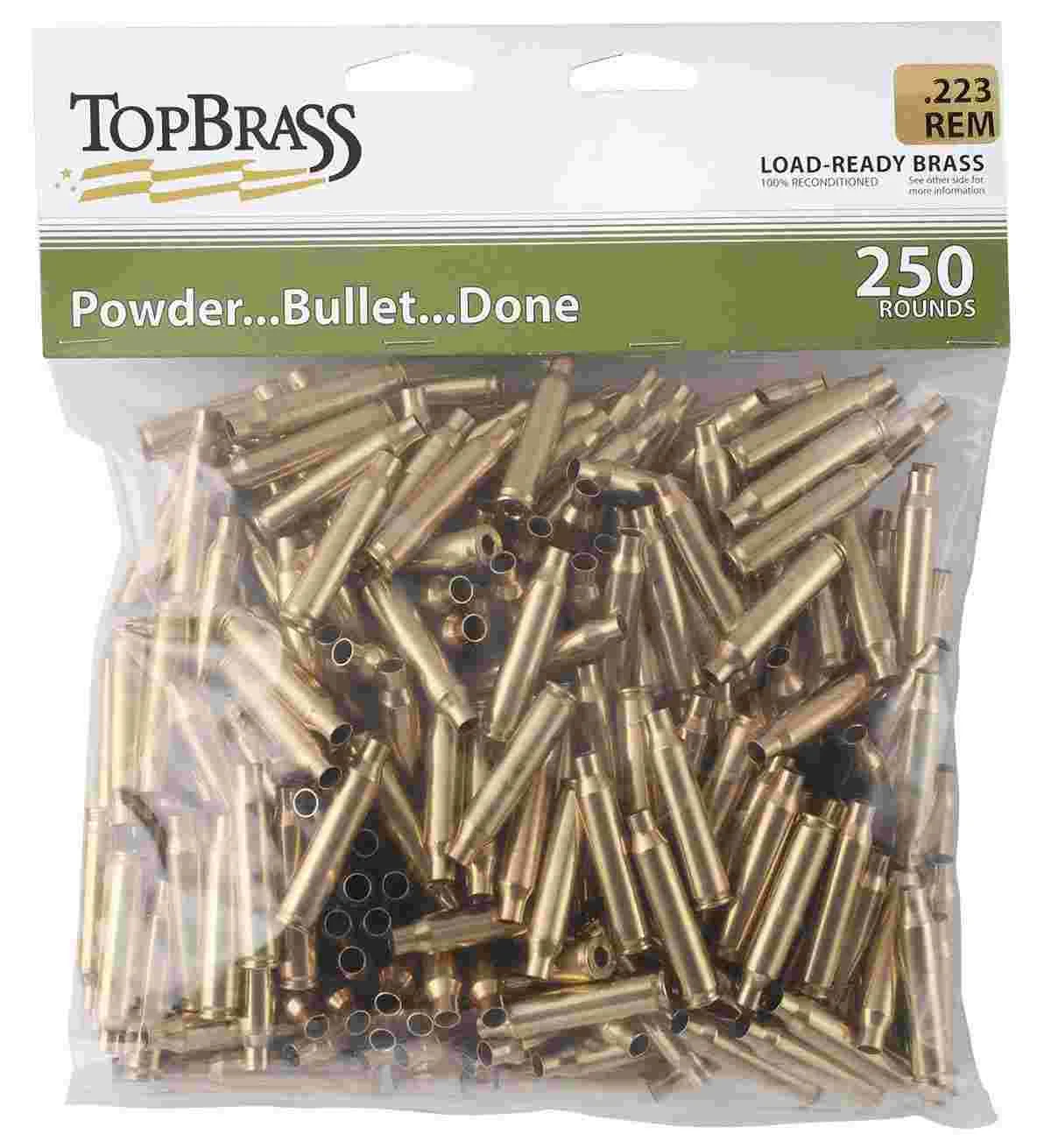 Top Brass Unprimed Remanufactured Rifle Brass .223 Rem Bagged Header Card Grade A+ 250/ct